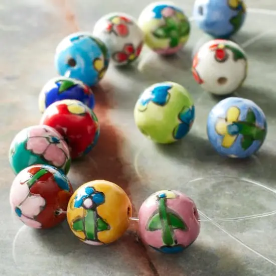 Multicolor Ceramic Flower Design Round Beads, 14mm by Bead Landing&trade; {3}