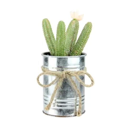 7" Tropical Green Mini Faux Columnar Cactus in Silver Planter {1}