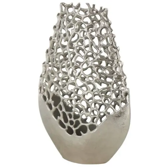 21" Silver Aluminum Metal Rounded Vase with Freeform Open Lattice Work {4}