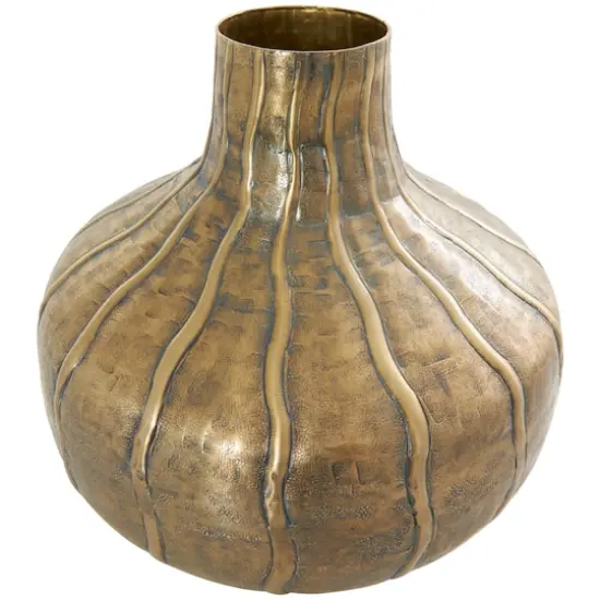 13" Brass Metal Wide Snakeskin Inspired Vase with Dimensional Wavy Accents {4}