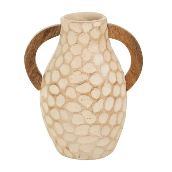 Beige Paper Mache Honeycomb Inspired Jug Vase with Wooden Handle Set {3}