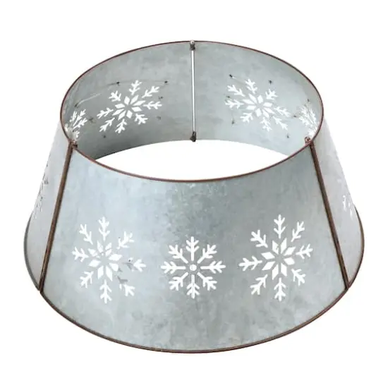 Glitzhome&reg; Silver 26" LED Snowflake Cutout Metal Tree Collar {7}