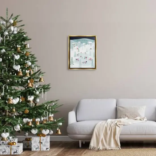 Stupell Industries Merry Christmas Winter Ice Skating Framed Floater Canvas Wall Art Gold {3}