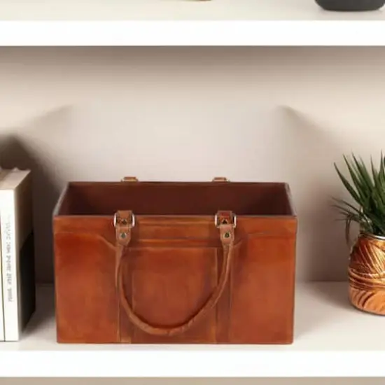 16" Brown Leather Rustic Magazine Holder {1}