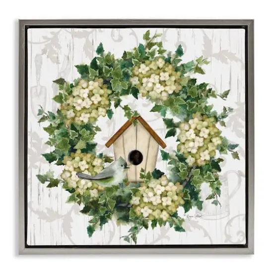 Stupell Industries Spring Birdhouse Wreath Floater Framed Art Gray {1}