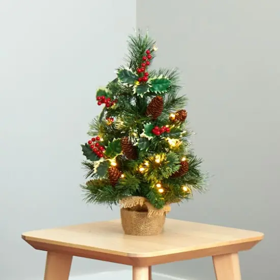 18" Pre-Lit Mixed Pine Artificial Christmas Tree with Holly Berries & Pinecones, Clear LED Lights {6}