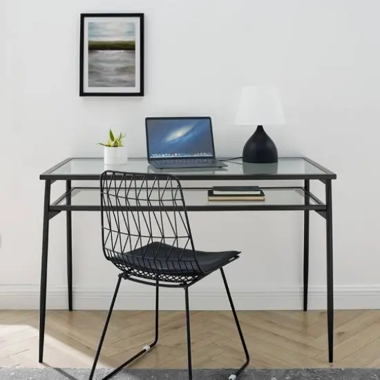 Walker Edison 48" Black Two Tier Glass & Metal Desk {5}