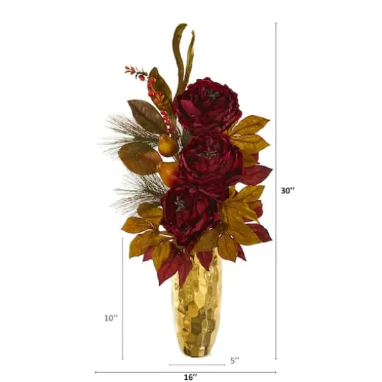 2.5ft. Red Peony, Pear & Magnolia Leaf Arrangement in Gold Vase {3}