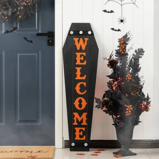 Glitzhome&reg; Halloween Wood Mummy and Welcome Coffin Porch Decor Set {5}