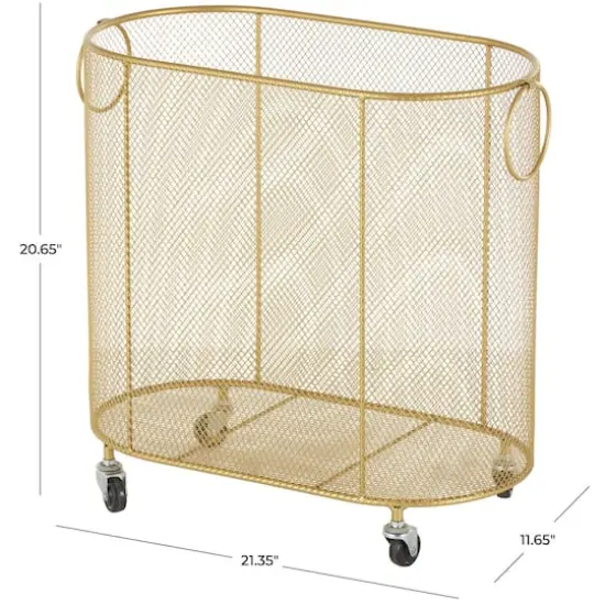 21" Metal Oval Mesh Wire Rolling Laundry Storage Cart with Ring Handles Gold {8}