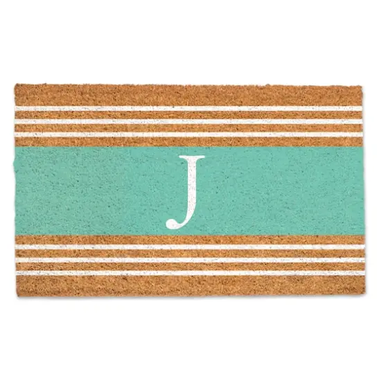 Teal Monogram Stripe Doormat J {1}