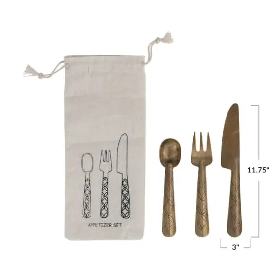 Hello Honey 3-Piece Hand-Forged Brass Appetizer Utensils with Etched Handles, Antique Finish {5}