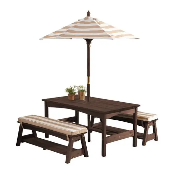 KidKraft Oatmeal & White Stripes Outdoor Table & Bench Set with Cushions & Umbrella {1}