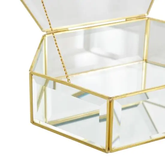 Clear & Gold Beveled Glass & Metal Wide Hexagon Jewelry Box with Chain Accent Set {7}