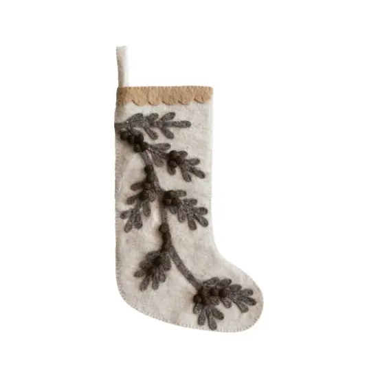 Hello Honey&reg; 17" Handmade Wool Felt Stocking with Appliqued Branch, Pom Poms & Scalloped Trim {1}