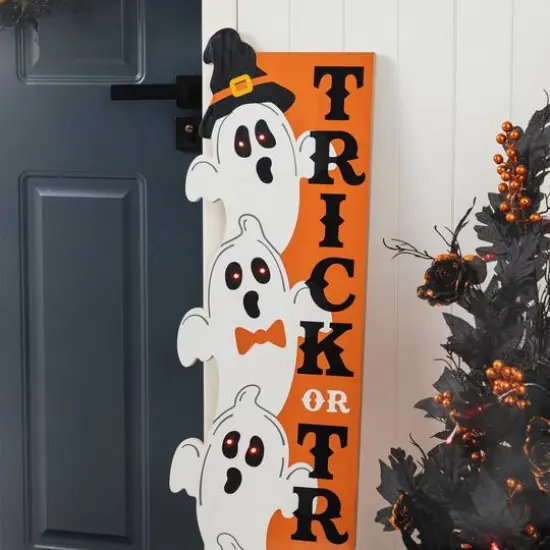 Glitzhome&reg; 42"H Lighted Halloween Wooden Stacked Ghost Porch Sign with Timer {7}