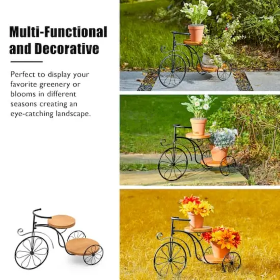 Glitzhome&reg; 24" Black Metal Tricycle Planter Stand with Solid Wood Tray {5}
