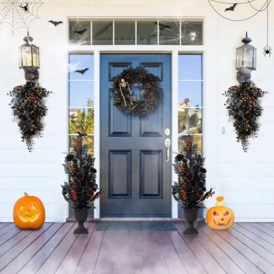 Glitzhome&reg; 36"H Halloween Lighted Black Rose with Orange Glitter Urn Porch Tree with Timer {7}