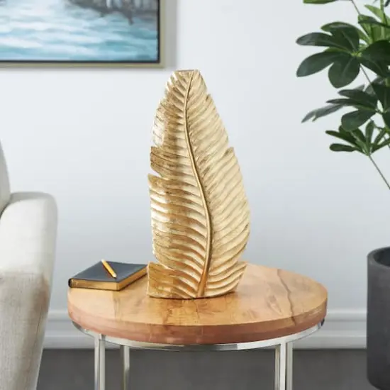 17.5" Gold Metallic Curved Leaf Polystone Vase {3}