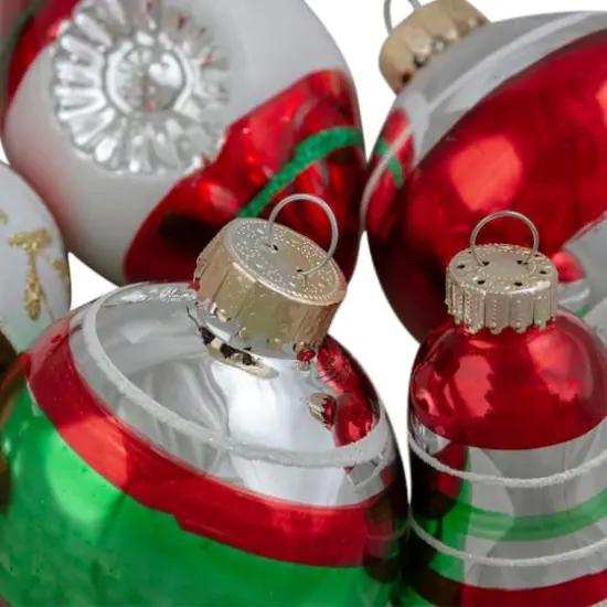 9ct. Silver, Green & Red Striped 2-Finish Glass Christmas Ornaments {4}