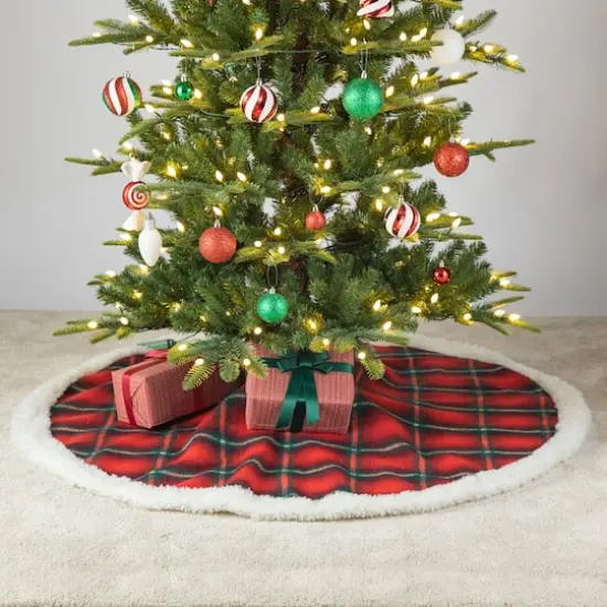 Glitzhome&reg; 48" Red & Black Plaid Reversible Sherpa/Flannel Christmas Tree Skirt {4}