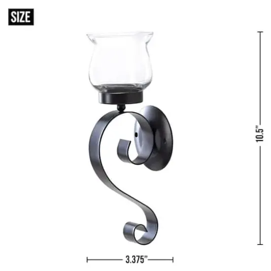 10.5" Black Rustic Iron and Glass Scrolling Candle Holder Wall Sconce {4}