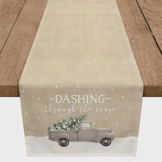 Dashing Through the Snow Painted Tree Truck 16x72 Poly Twill Table Runner {1}
