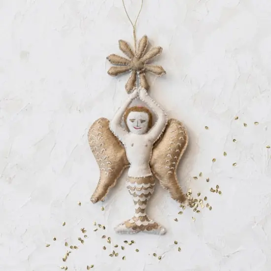 Hello Honey&reg; 9.5" Cream & Gold Handmade Canvas & Wool Felt Angel Ornament with Embroidery {4}