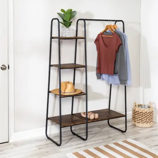 Honey Can Do Black/Natural Freestanding Metal Clothing Rack with Wood Shelves {3}