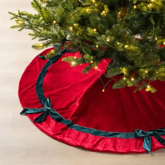 Glitzhome&reg; 48"D Red Velvet Christmas Tree Skirt with Bows {4}