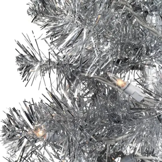 7ft. Pre-Lit Silver Artificial Tinsel Christmas Tree, Clear Lights {5}