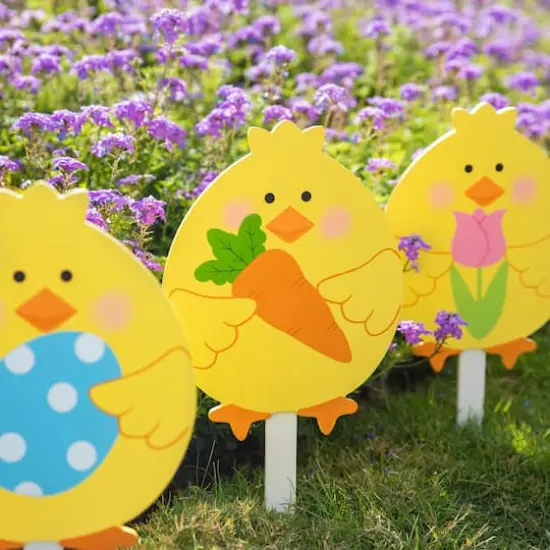 Glitzhome&reg; 15" Set of 3 Easter Wooden Chick Pick or Yard Stake {5}