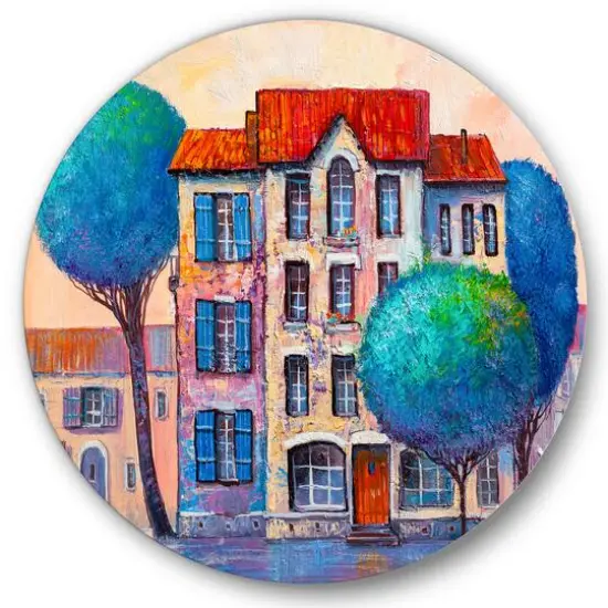 Designart - House With Red Roof and Colorful Autumn Trees - Modern Metal Circle Wall Art {2}