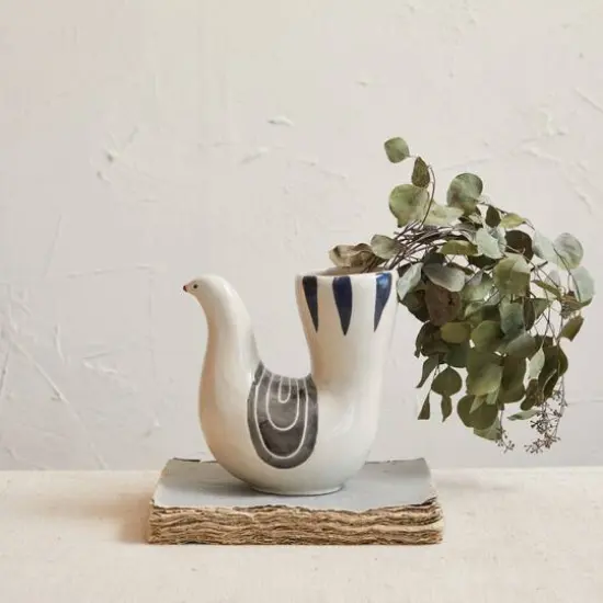 Hello Honey&reg; 7.5" White, Gray & Blue Hand-Painted Stoneware Dove Vase {3}
