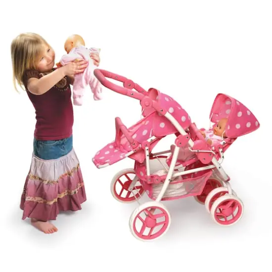 Badger Basket Pink Polka Dot Reversible Double Doll Stroller {5}