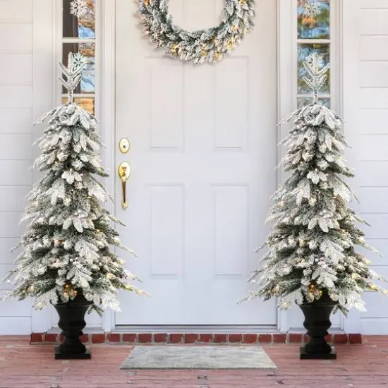 2 Pack 5ft. Pre-Lit Flocked Fir Artificial Christmas Porch Tree in Planter, Warm White Lights {3}