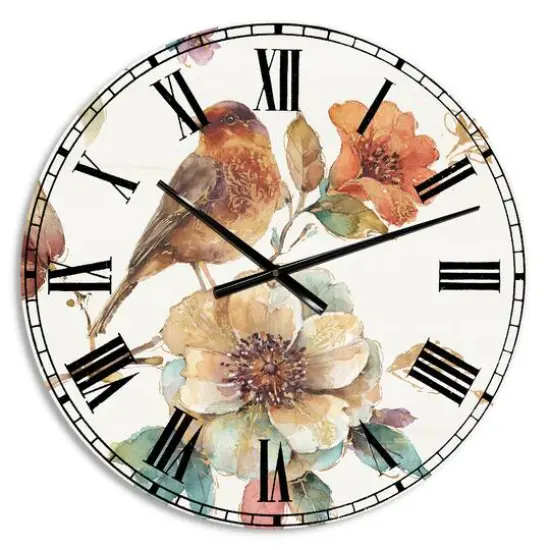 Designart 'Farmhouse Bird On Flower Branch Farmhouse Wall Clock {1}