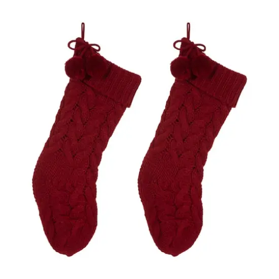 Glitzhome&reg; 24" Red Knitted Polyester Christmas Stocking with Pom Pom, 2ct. {1}