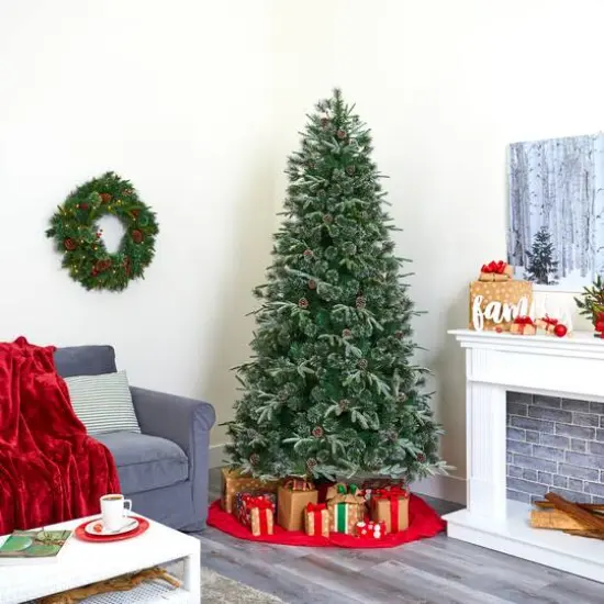 7.5ft. Pre-Lit Snowed Tipped Clermont Mixed Pine & Pinecones Artificial Christmas Tree with Clear LED Lights {10}