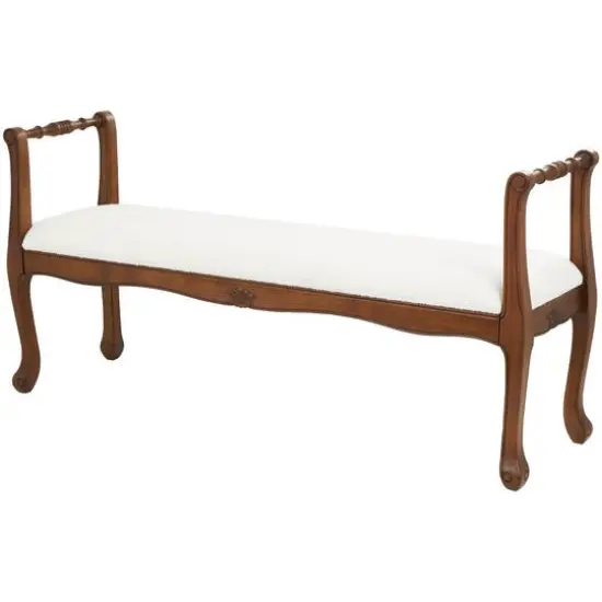 55" Cream Fabric Arm Bench with Brown Traditional Wood Turned Legs {1}