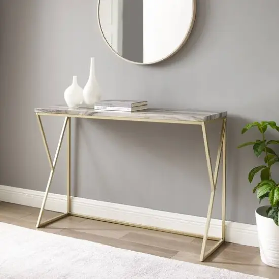 Walker Edison Gray Faux Vein Cut Marble/Gold Geometric Side Entry Table {3}
