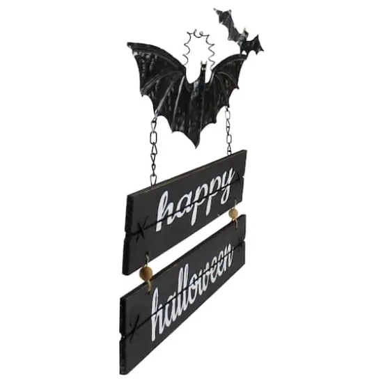 17" Black Bat & Happy Halloween Metal Hanging Sign {3}
