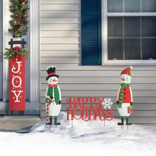 Glitzhome&reg; Metal Snowmen & Happy Holidays Yard Stake Set {4}