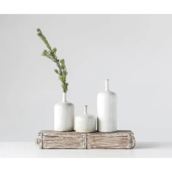 Hello Honey&reg; 12.5" Large Cream Stoneware Vase with Green Accents & Reactive Glaze Finish {4}