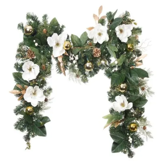 9ft. Pre-Lit Artificial White & Gold Magnolia Christmas Garland White Gold Magnolia {4}