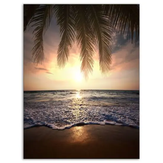 Designart - Tropical Beach with Palm Leaves - Seashore Canvas Art Print {1}