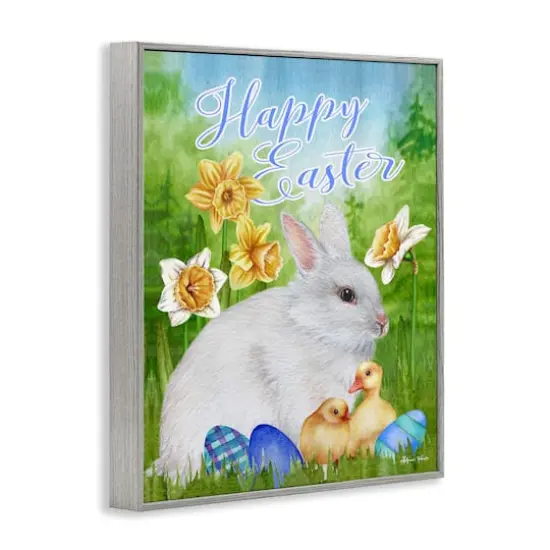 Stupell Industries Happy Easter Spring Bunny Rabbit Phrase Baby Chicks Framed Giclee Art Gray {4}