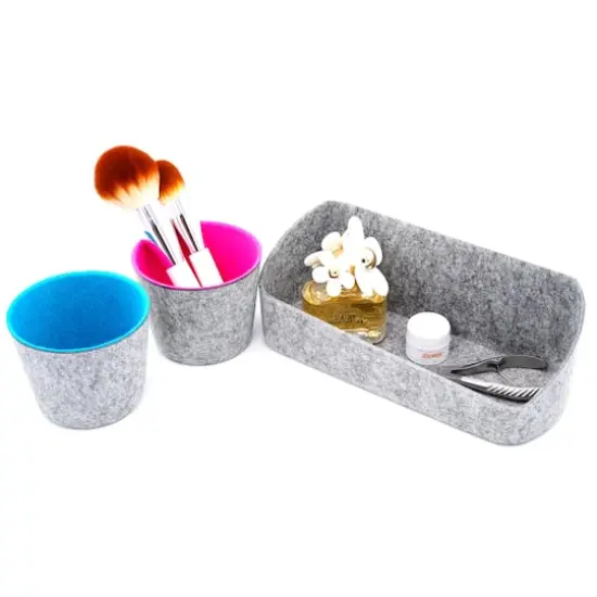 Welaxy Felt 3 Piece Gray Tray with Turquoise & Hot Pink Cups Desktop Organizer Set {5}