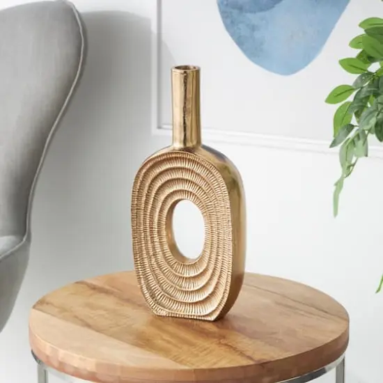 16" Gold Aluminum Metal Geometric Circular Vase with Linear Etchings {3}