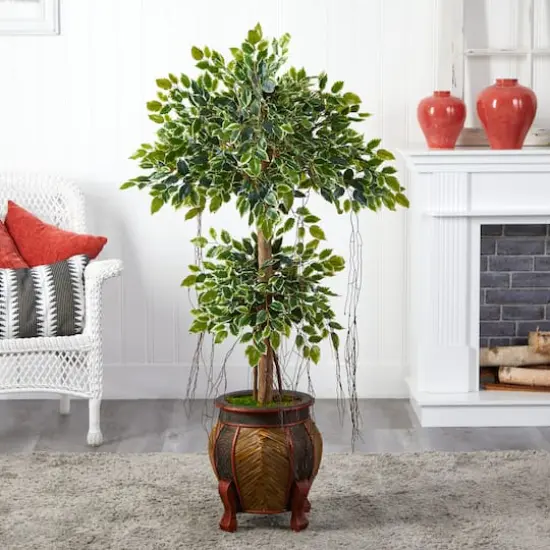 5ft. Variegated Ficus Artificial Tree in Footed Planter {3}